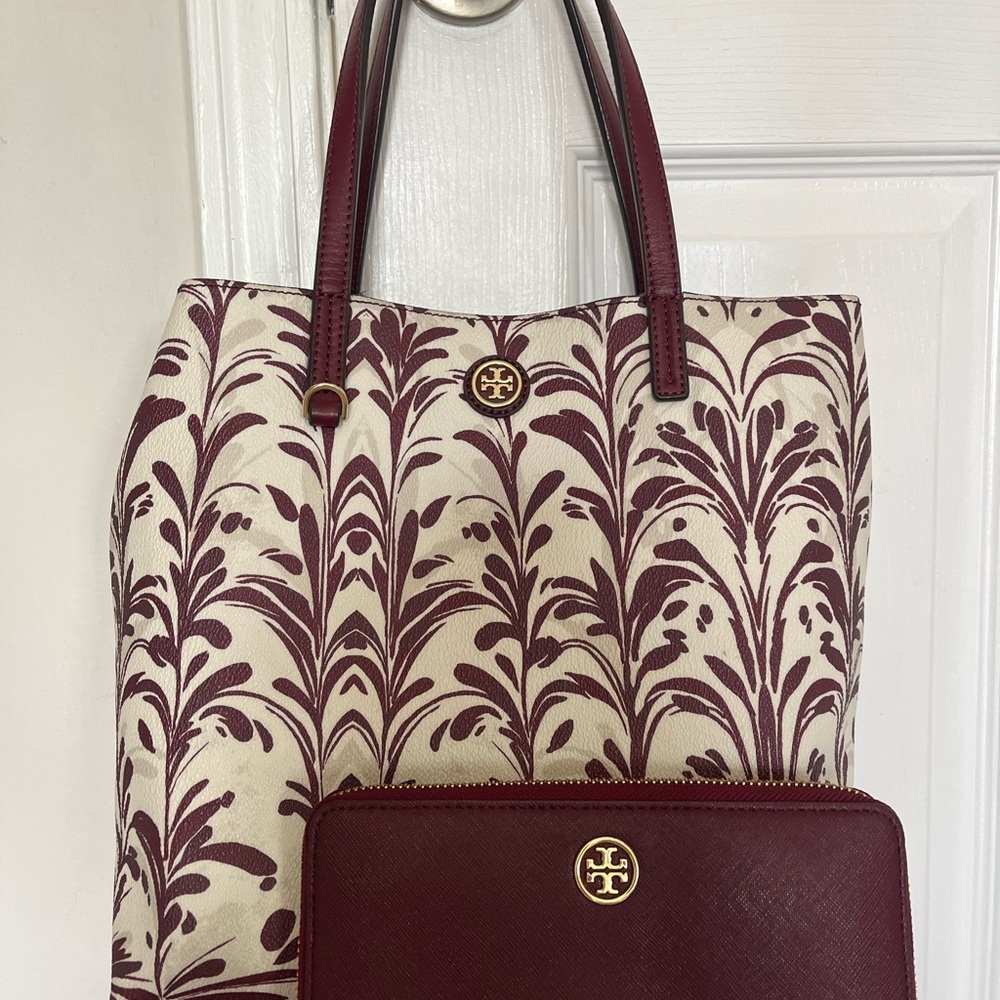 Tory Burch Burgundy and Cream Tote Bag